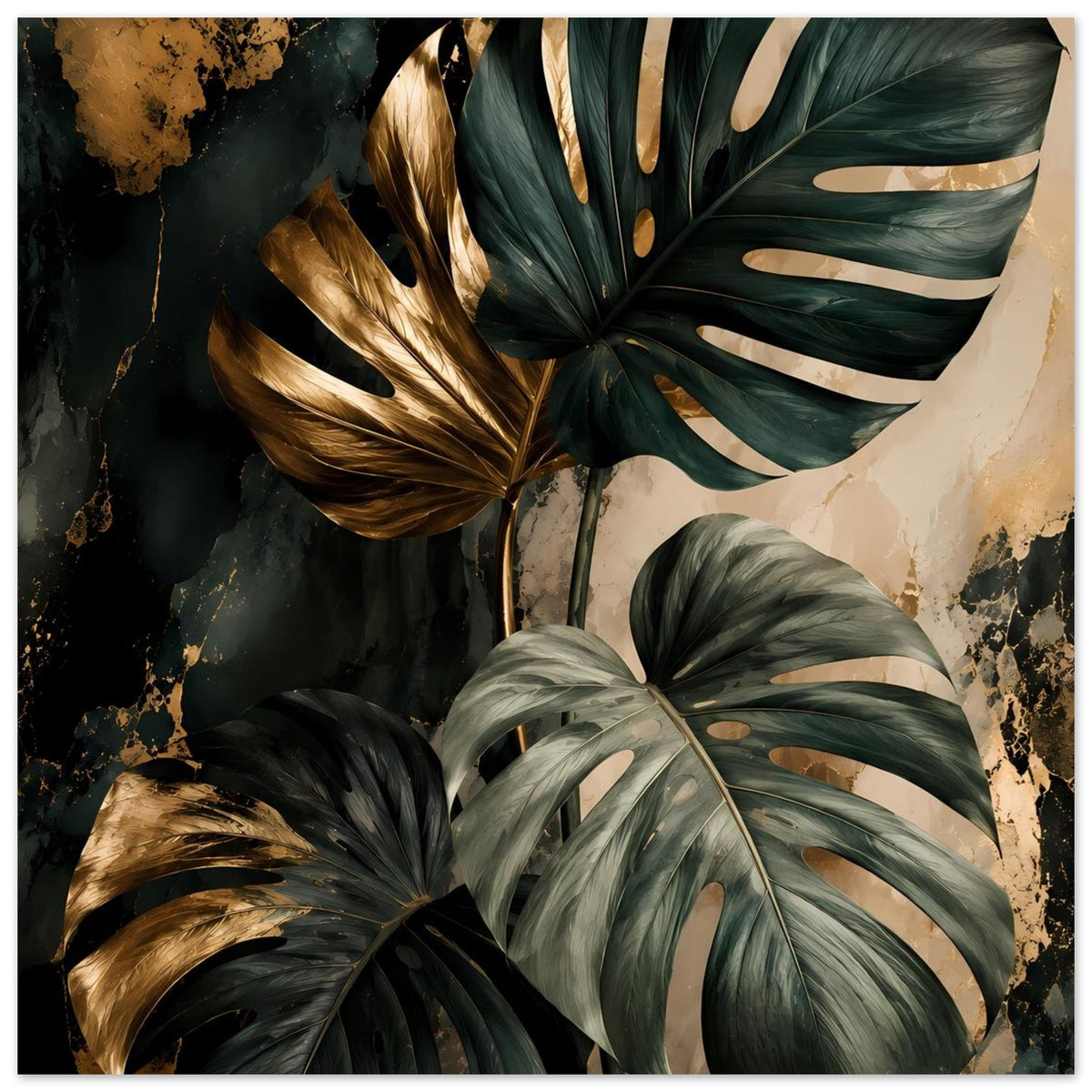 Poster mit Monstera-Blättern in Dunkelgrün und Gold, dynamisches Blattmotiv, gerahmt