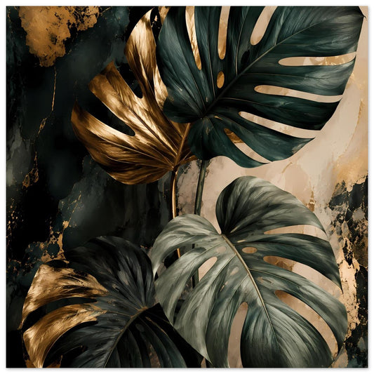 Poster mit Monstera-Blättern in Dunkelgrün und Gold, dynamisches Blattmotiv, gerahmt