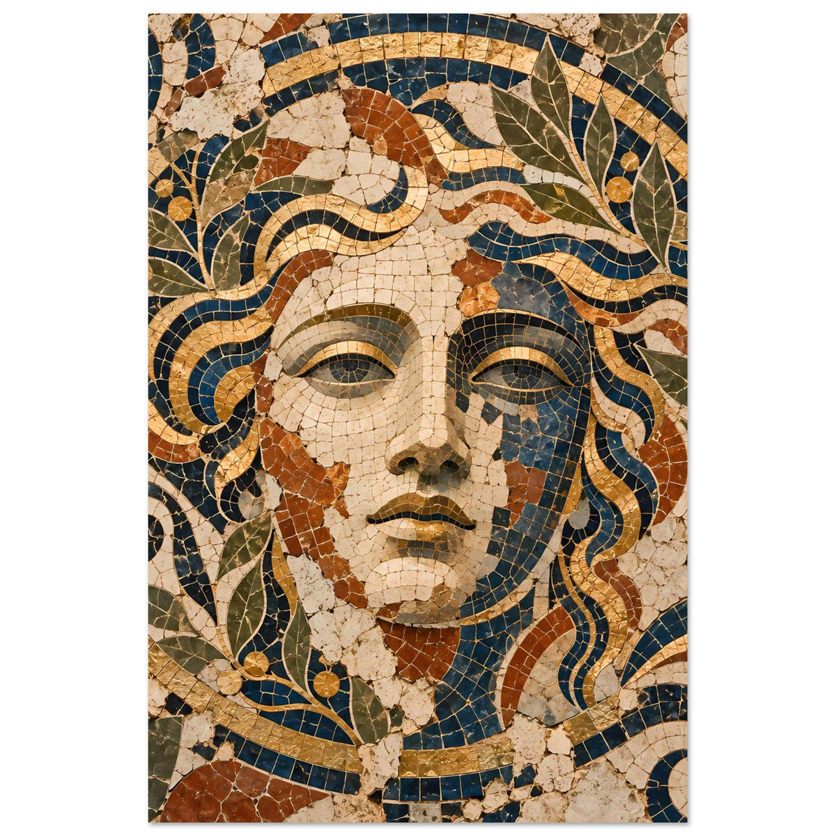 Hochformatiges Poster mit Mosaik-Göttin: Gesicht von vorn, Blau und Gold im Muster