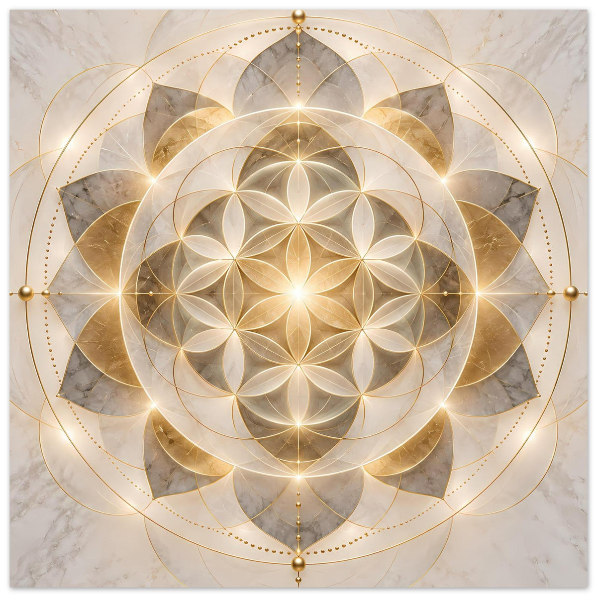 Poster mit goldenem Mandala und goldenen Kugeln an den Seiten, symmetrisches Kreisornament