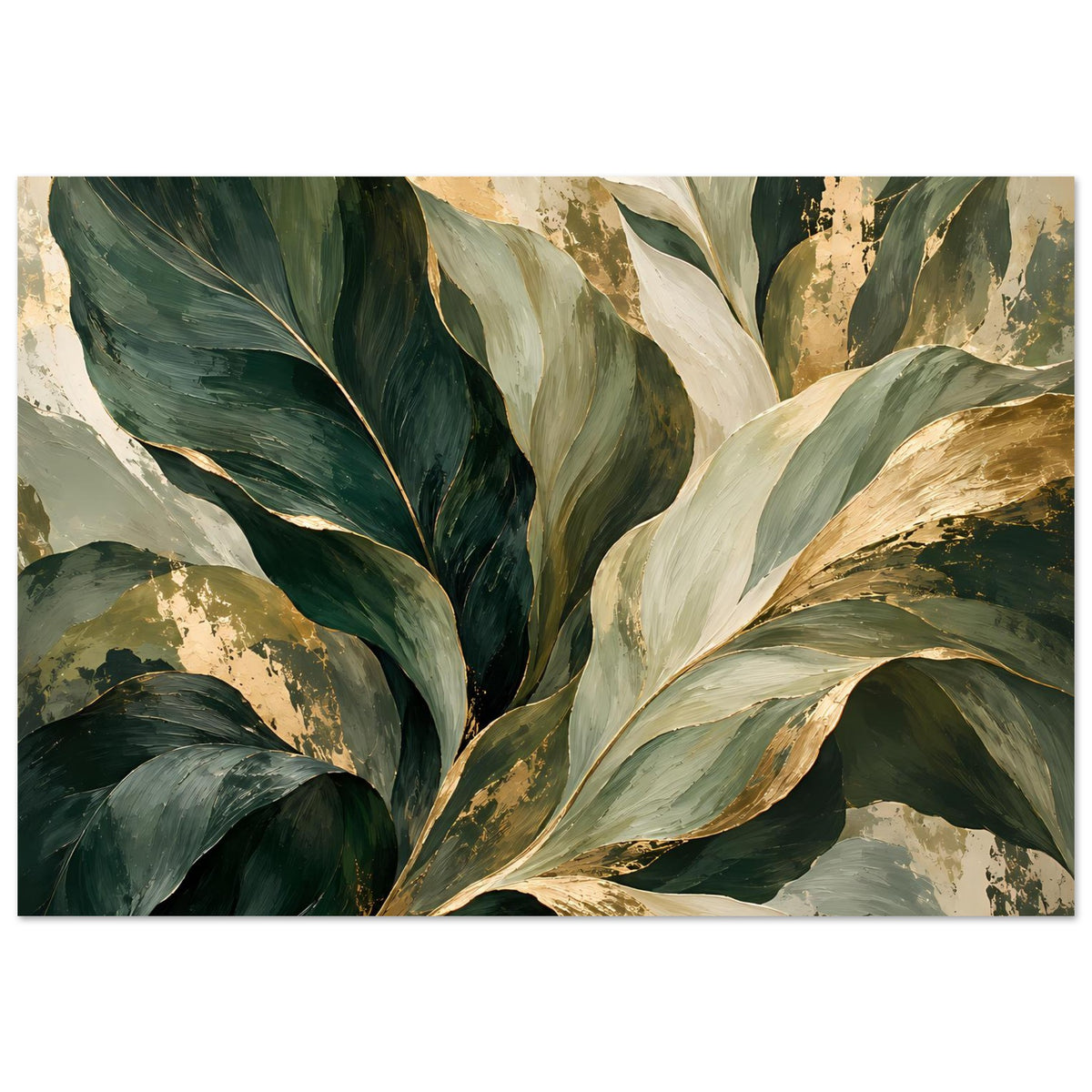 Botanisches Poster im Querformat: dunkelgrüne Blätter, helle Blattadern und goldene Akzente