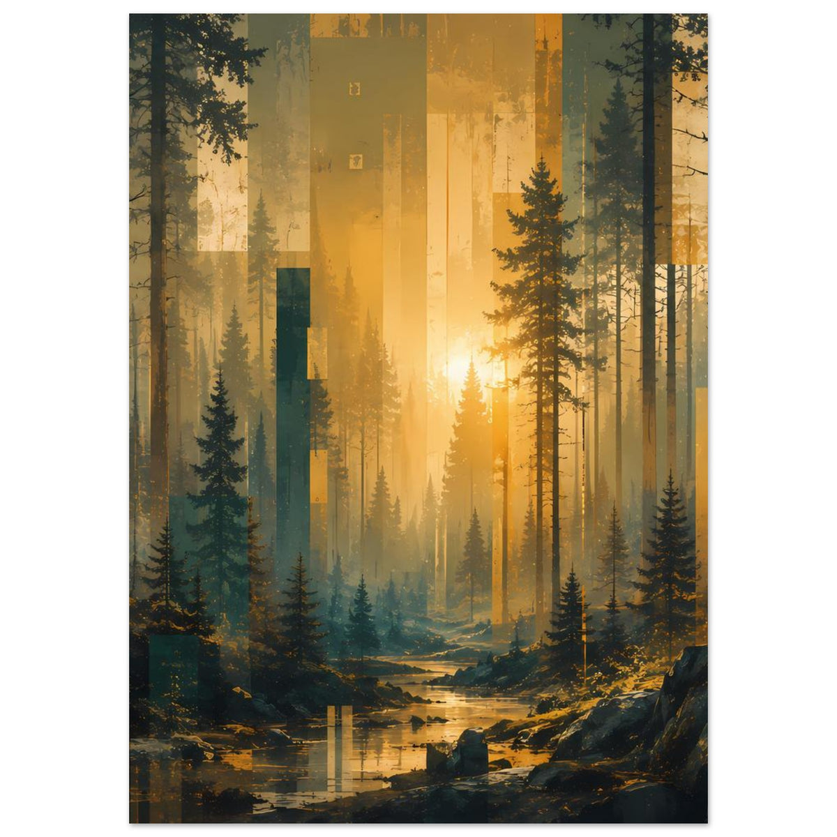 Waldlandschafts-Poster mit Sonnenaufgang, dichten Fichten und warmem Licht im Hintergrund