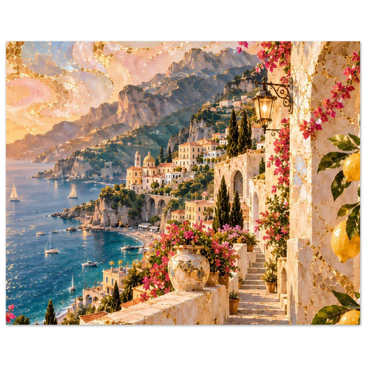 Küstenposter im Querformat mit Steinterrasse, Blumen, Meerbucht und mehrfarbigen Häusern