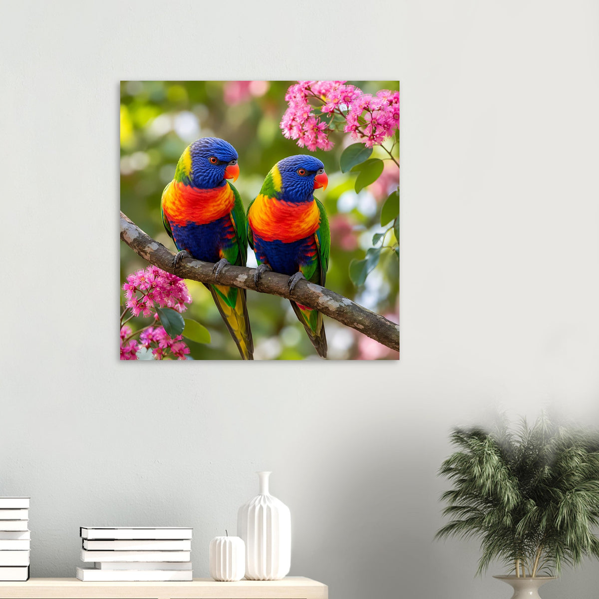 Quadratisches Poster mit zwei Regenbogen-Loris auf Ast zwischen pinken Blüten