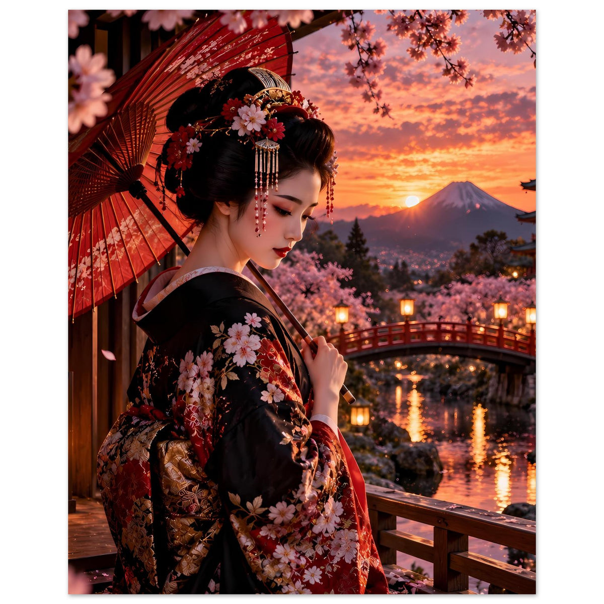 Poster: Frau im Kimono mit Kirschblüten, roter Fächer-Schirm, Fokus auf Oberkörper