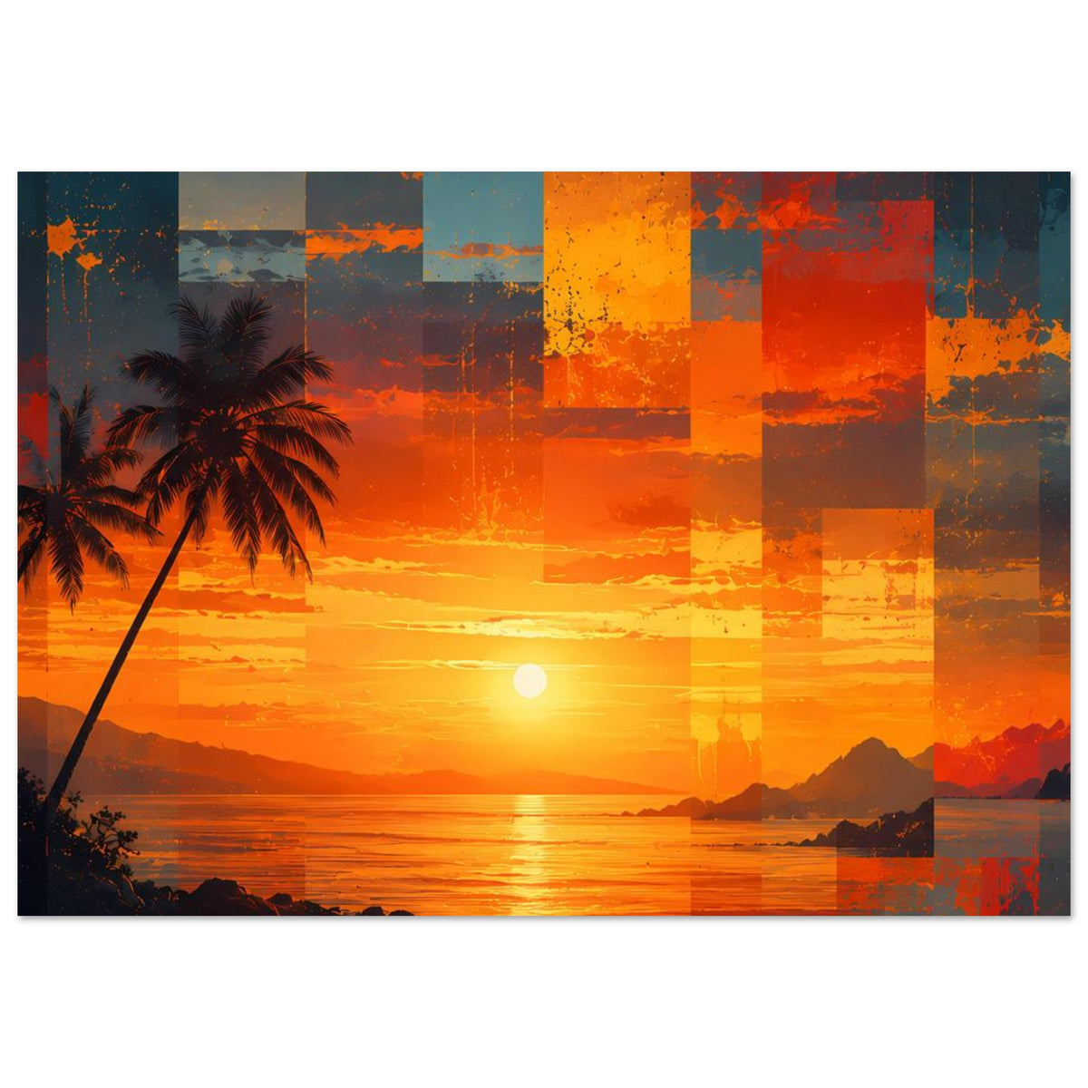 Horizontaler Kunstdruck: Strand bei Sonnenuntergang, Patchwork in Orange, Palme links