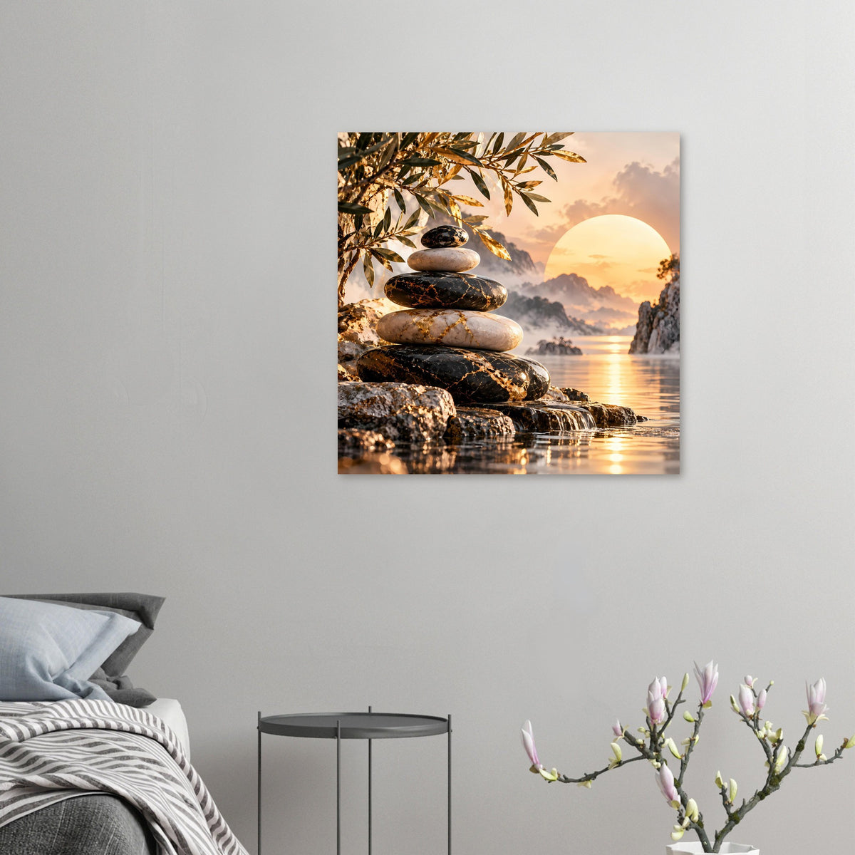Wandposter mit Zen-Steinen, Sonnenuntergang über Wasser und goldenen Blattzweigen