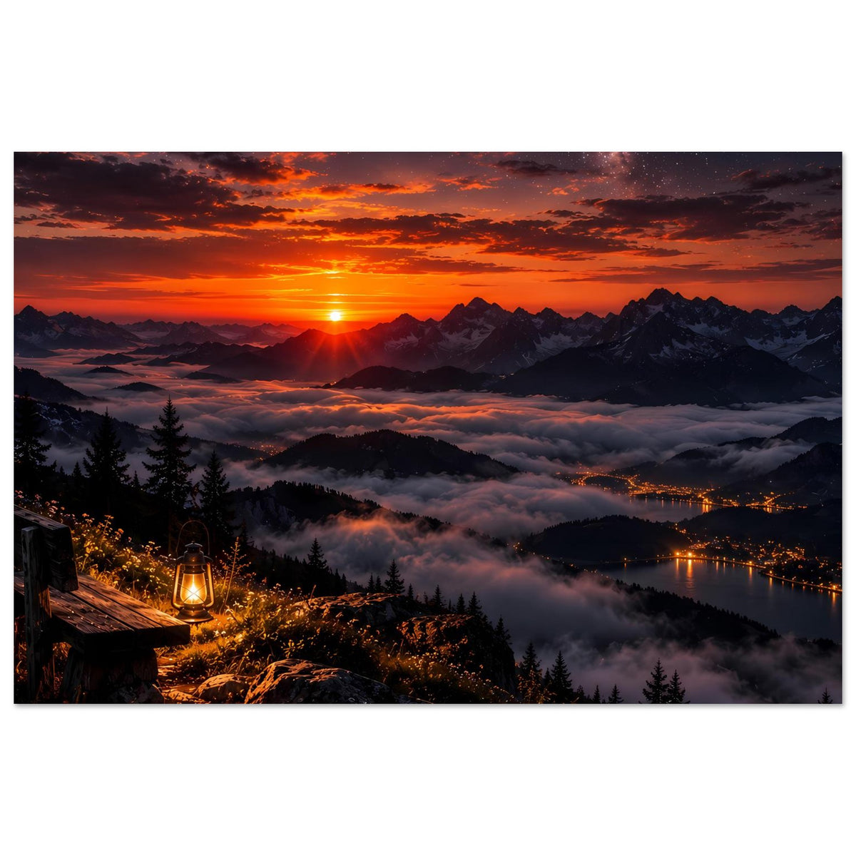Landschaftsposter horizontal: Sonnenuntergang über Bergen, Nebel im Tal, See mit Lichtern
