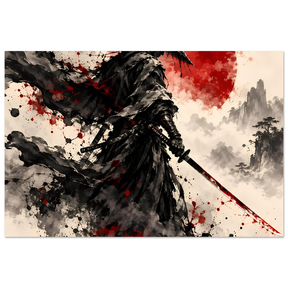 Samurai-Kriegerposter im Querformat: roter Mond, schwarzer Umhang, Katana