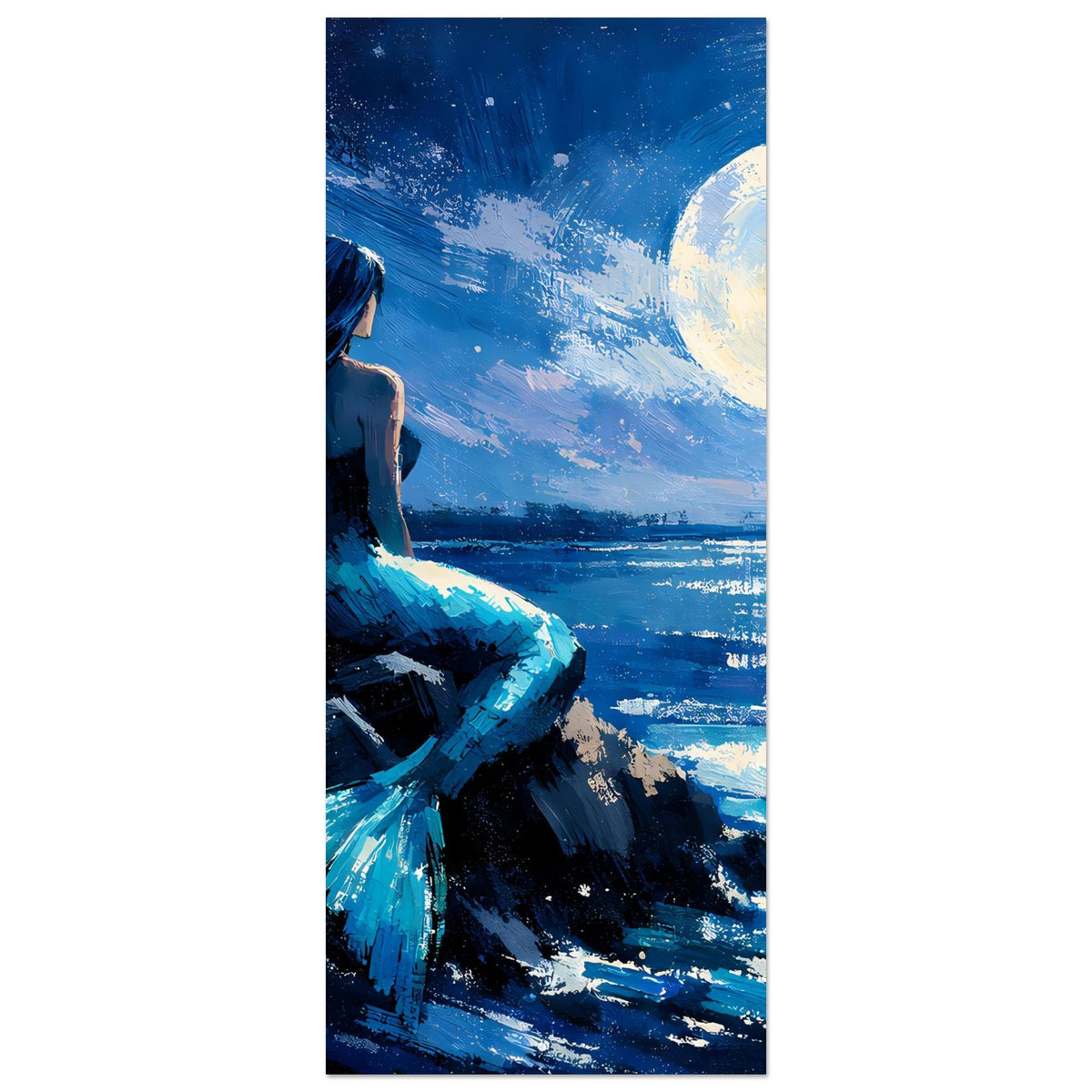 Vertikales Wandposter, Meerjungfrau im Blau am Ufer, großer Mond im Himmel