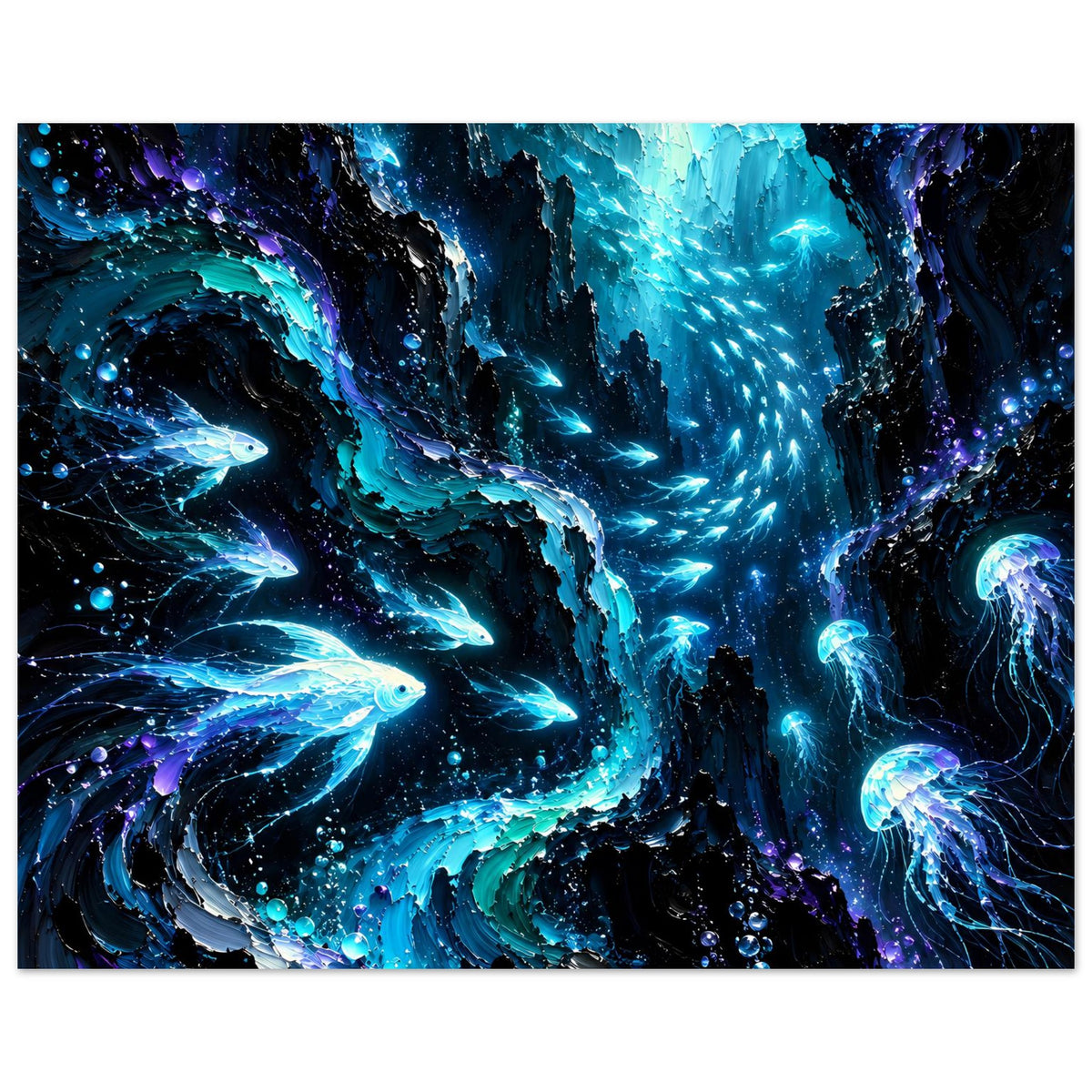 Leuchtendes Unterwasser-Poster im Querformat: blaue Fische, Quallen und Blasen im Tiefblau
