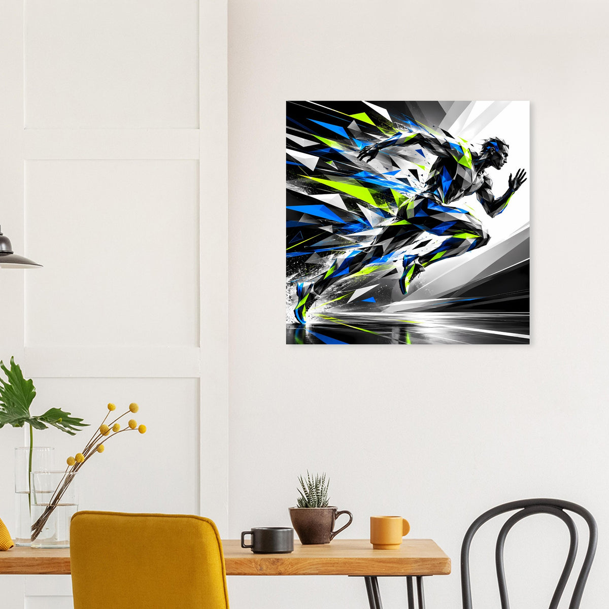 Gerahmtes Laufkunst-Poster mit schräger Komposition: laufende Figur in Blau/Schwarz und Neongrün.