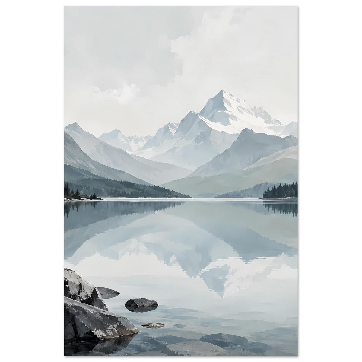 Gerahmter Kunstdruck: vertikales Motiv mit Bergsee-Reflexion, Felsen am Ufer, Berge