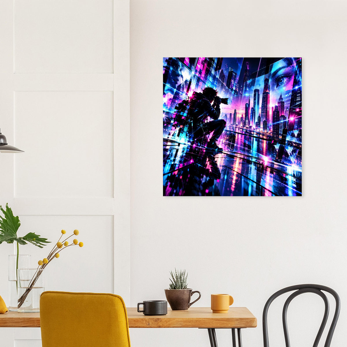 Neonstadt-Poster mit silhouettierter Figur, futuristischer Skyline und starken Magenta-Blau-Kontrasten