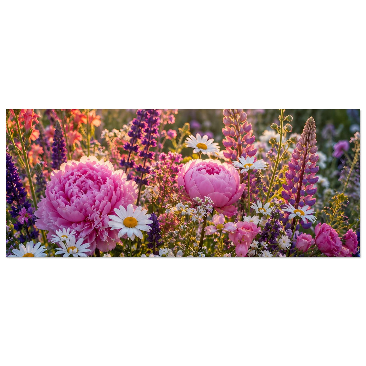 Horizontales Blumenposter: Panorama mit Pfingstrosen, Margeriten und zarten Blüten