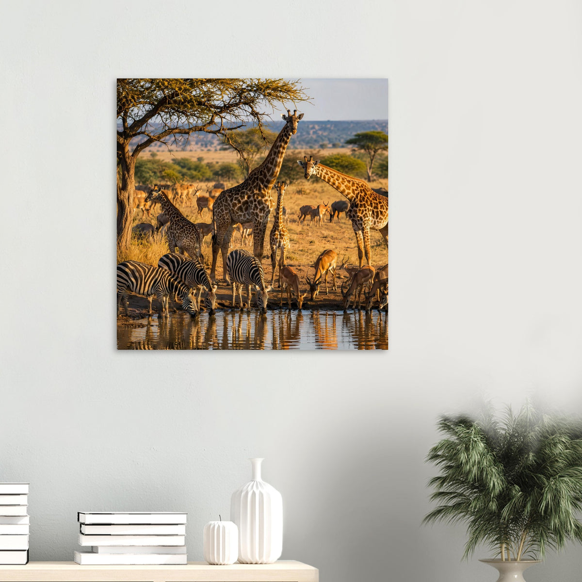 Kleines Poster: Giraffen, Zebras und Antilopen an einer Wasserstelle mit warmen Farbtönen