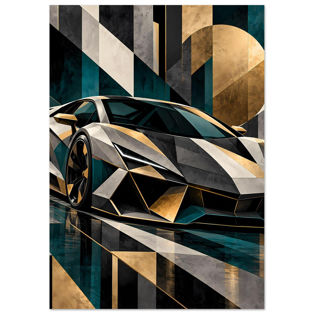 Sportwagen-Poster: Luxus-Sportwagen Frontansicht, silber-schwarz mit goldenen Kanten