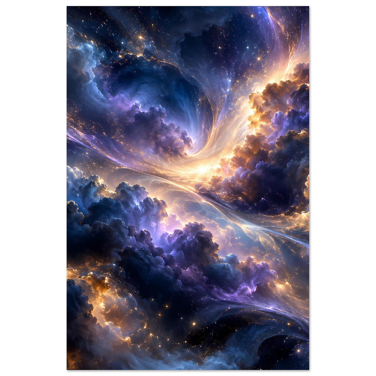 Galaxieposter im Hochformat mit schwarzer Umrandung, Sternenwirbel und leuchtende Nebelwolken