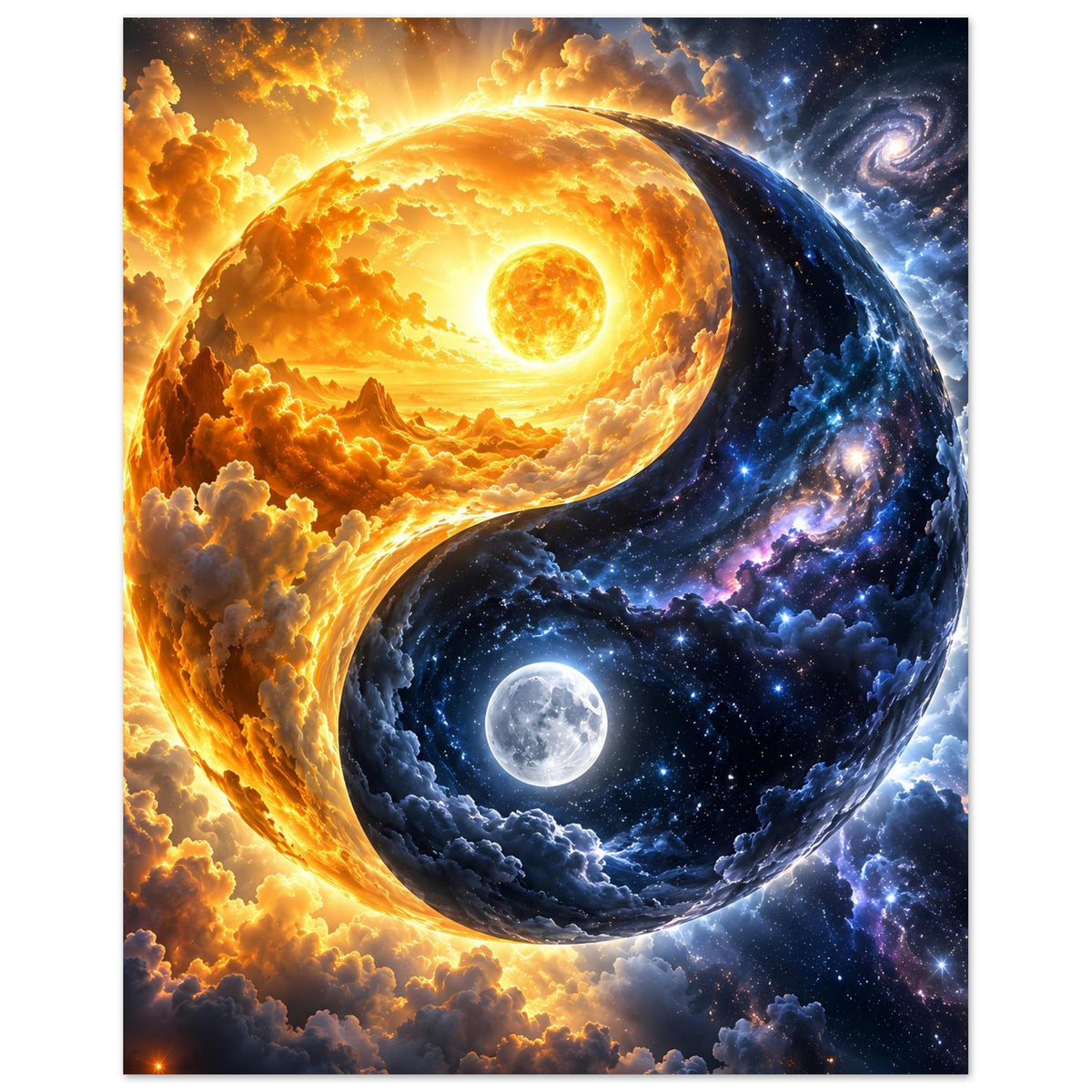 Kosmos-Yin-Yang-Poster im Hochformat mit glühender Sonnenhälfte und dunkler Mondseite
