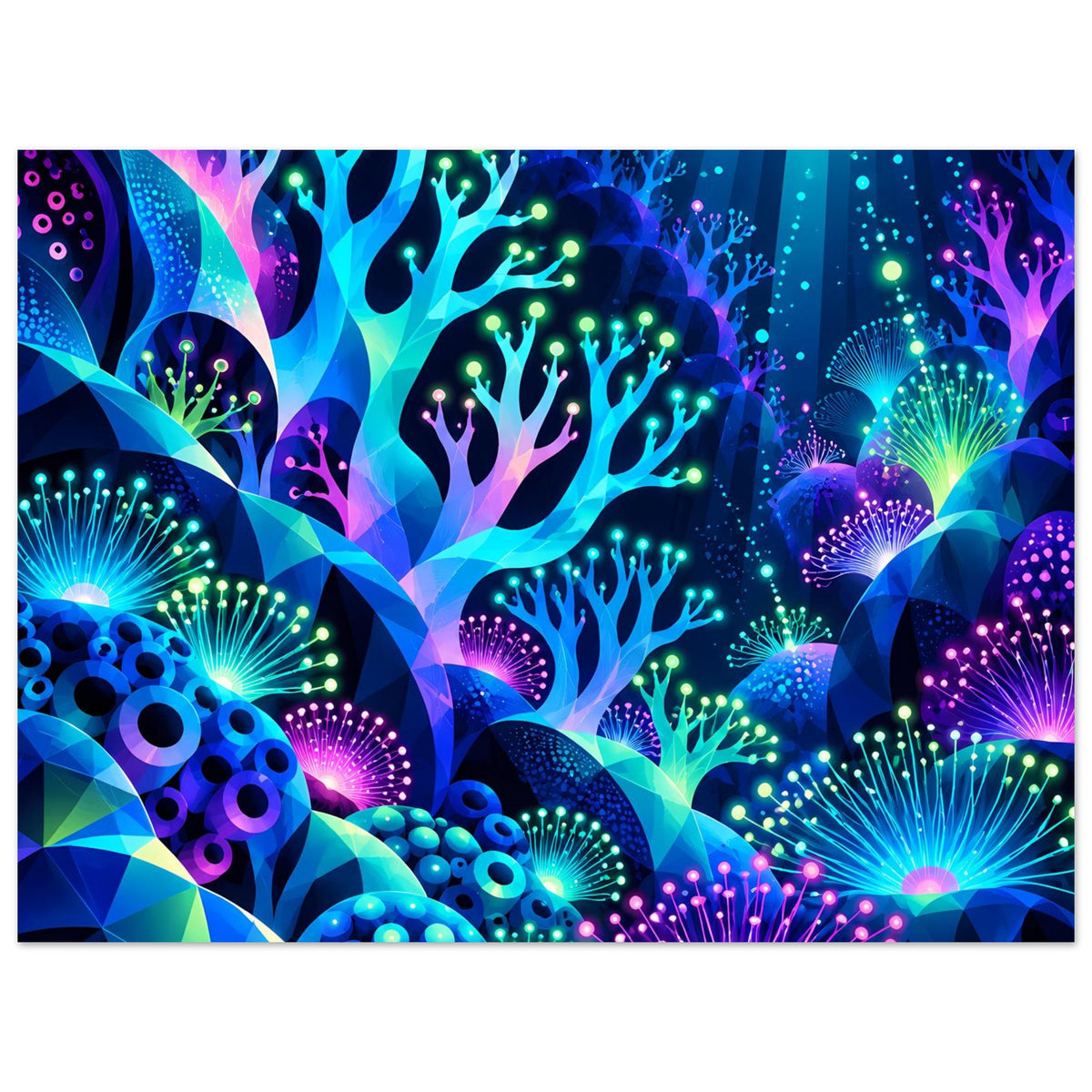 Unterwasser-Neonposter, eng zugeschnitten: leuchtende Korallen, rosa und blaue Lichtpunkte