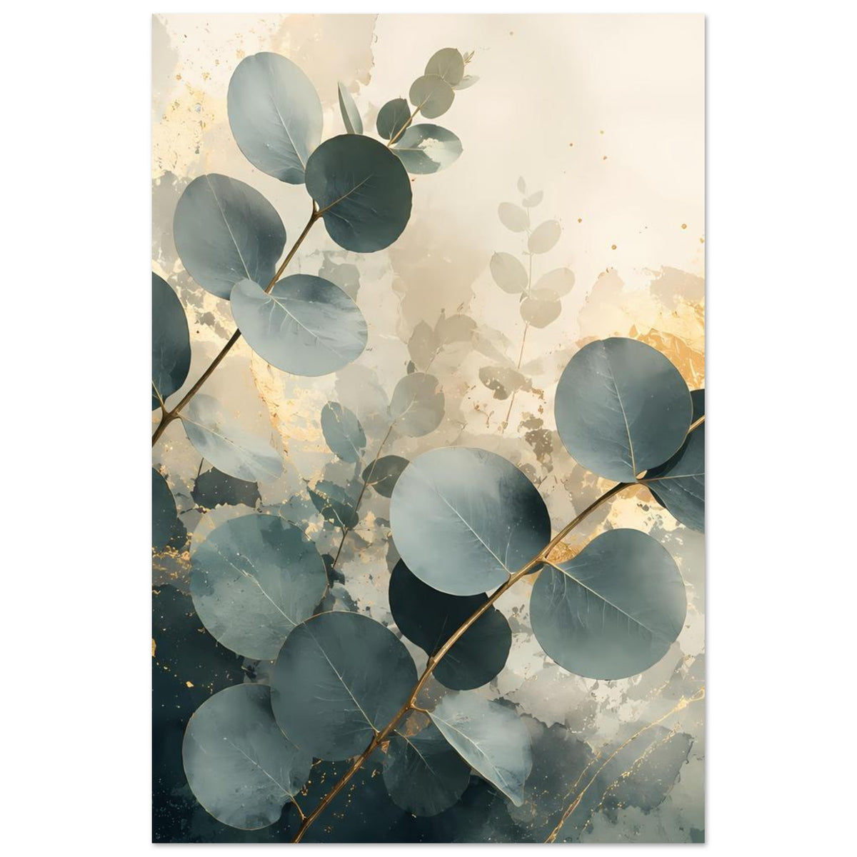 Elegantes Eukalyptus-Poster mit Goldakzenten, hochkant: Eukalyptusblätter in Blaugrün