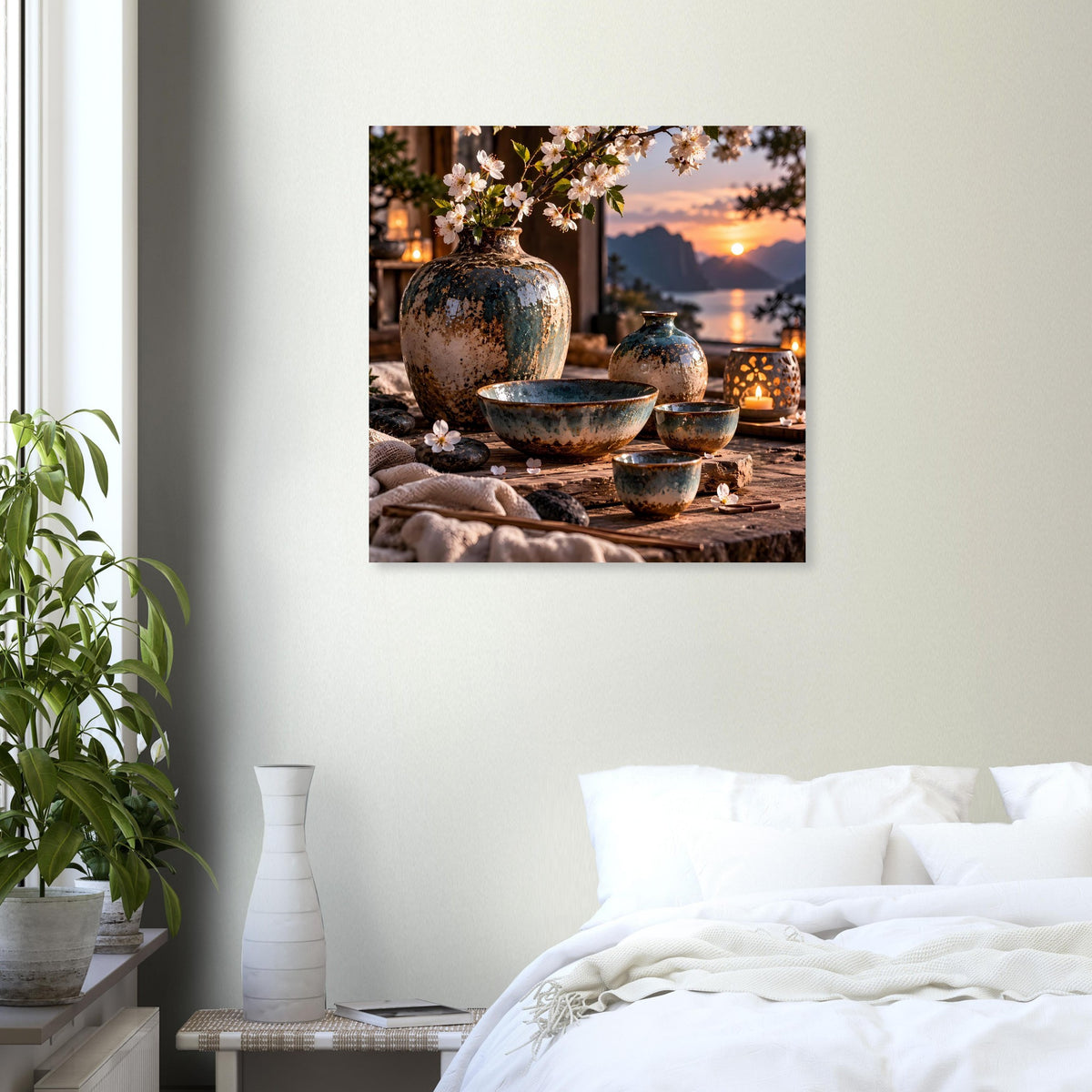 Poster an der Wand mit Keramikvasen, Schalen und Kirschblütenmotiv
