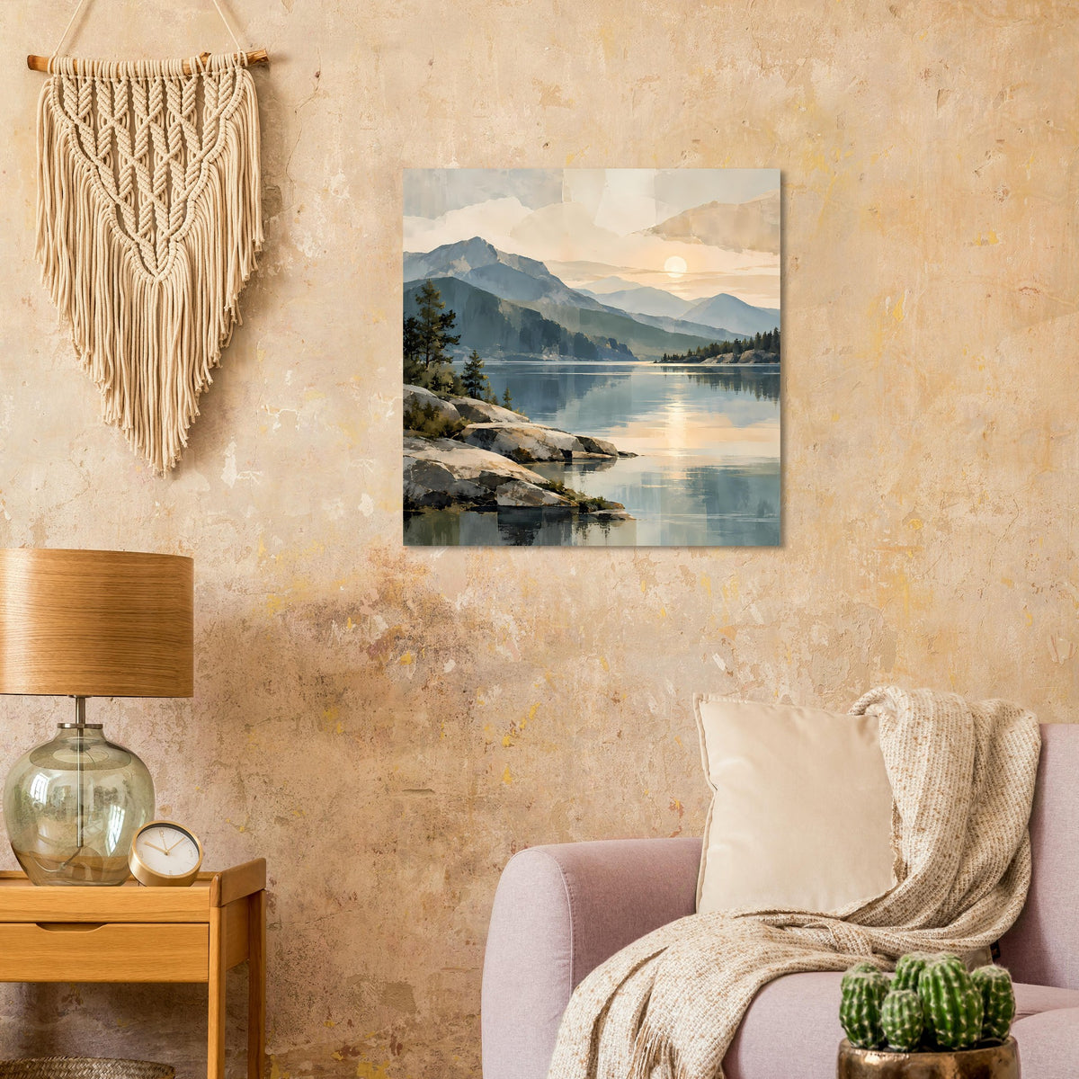 Poster mit Landschaftsmotiv: Bergsee bei Sonnenaufgang, Bergkette und Wasser