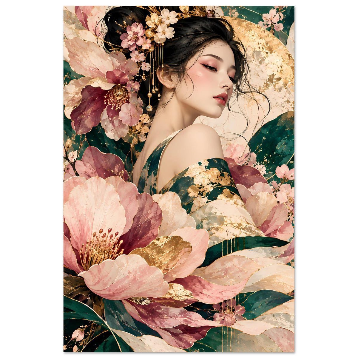 Poster mit floraler Frauenillustration in Rosé, Grün und Gold