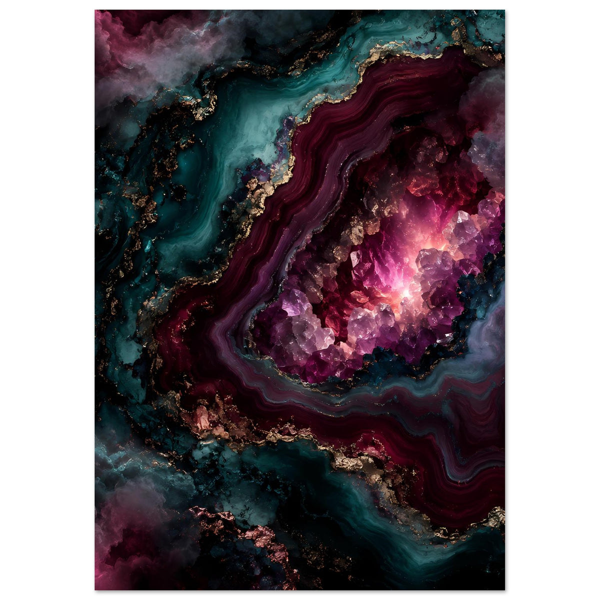 Kunstposter im Hochformat mit Amethyst-Geodenmuster, violett leuchtend und türkisfarbene Flächen