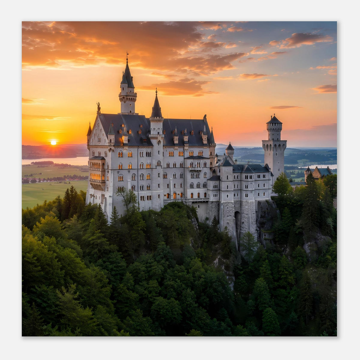 Poster mit weißem Schloss und Türmen im Sonnenuntergang, von Bäumen eingerahmt