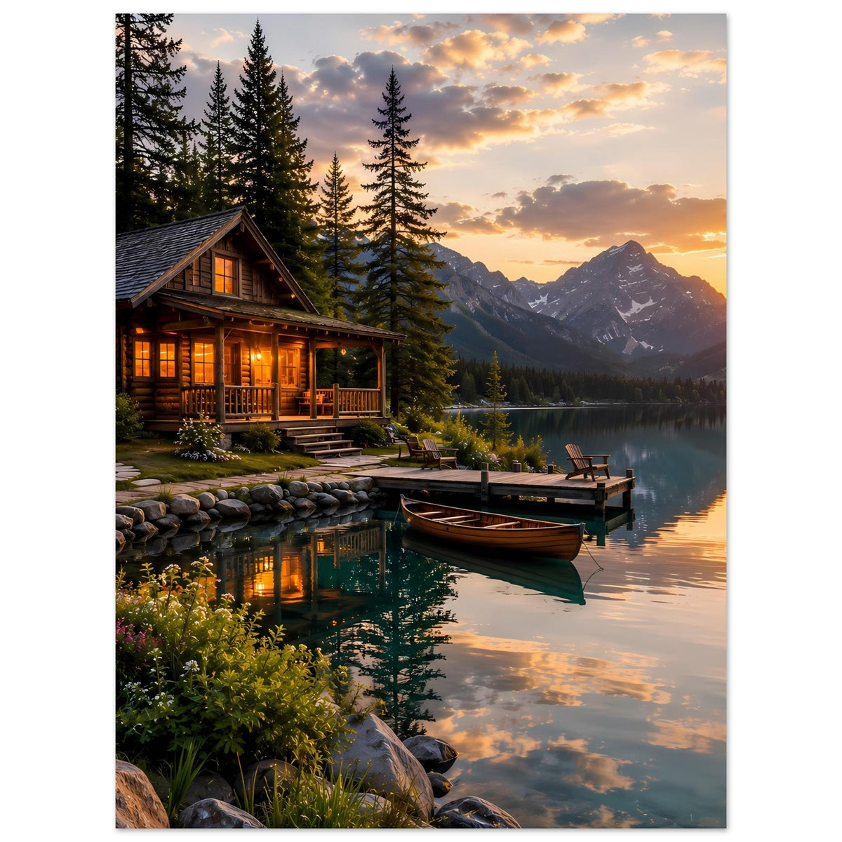 Poster: Blockhütte am See bei Sonnenuntergang, Boot im Wasser, Berge und Tannen auf mattem Papier