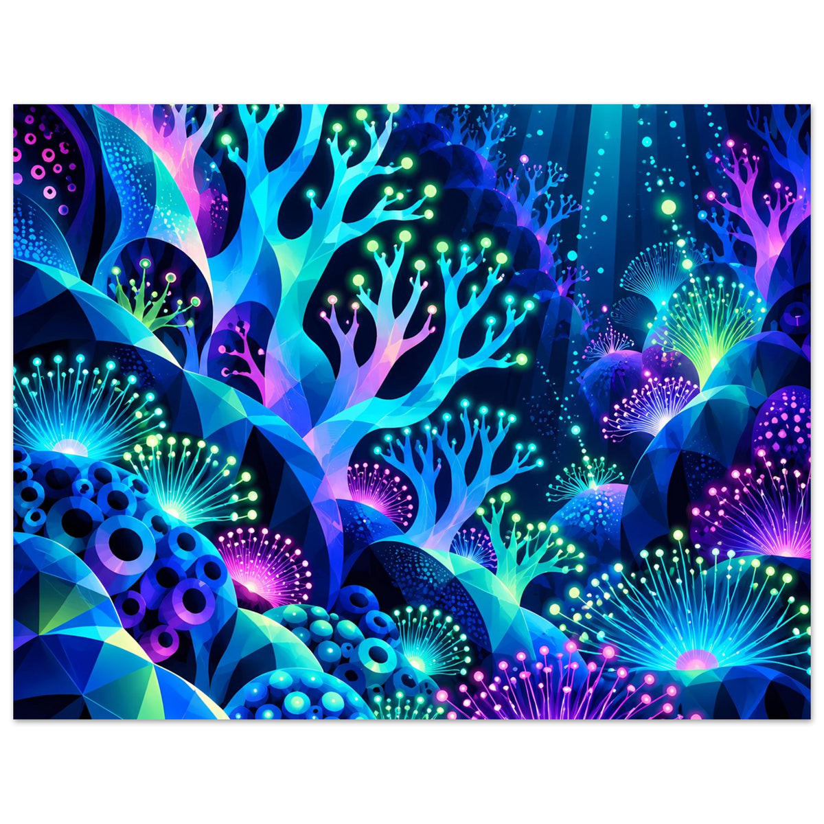 Neon-Unterwasserwelt-Poster im Querformat mit leuchtenden Korallen, Quallen und Kugel-Lichtpunkten, blau-violett.