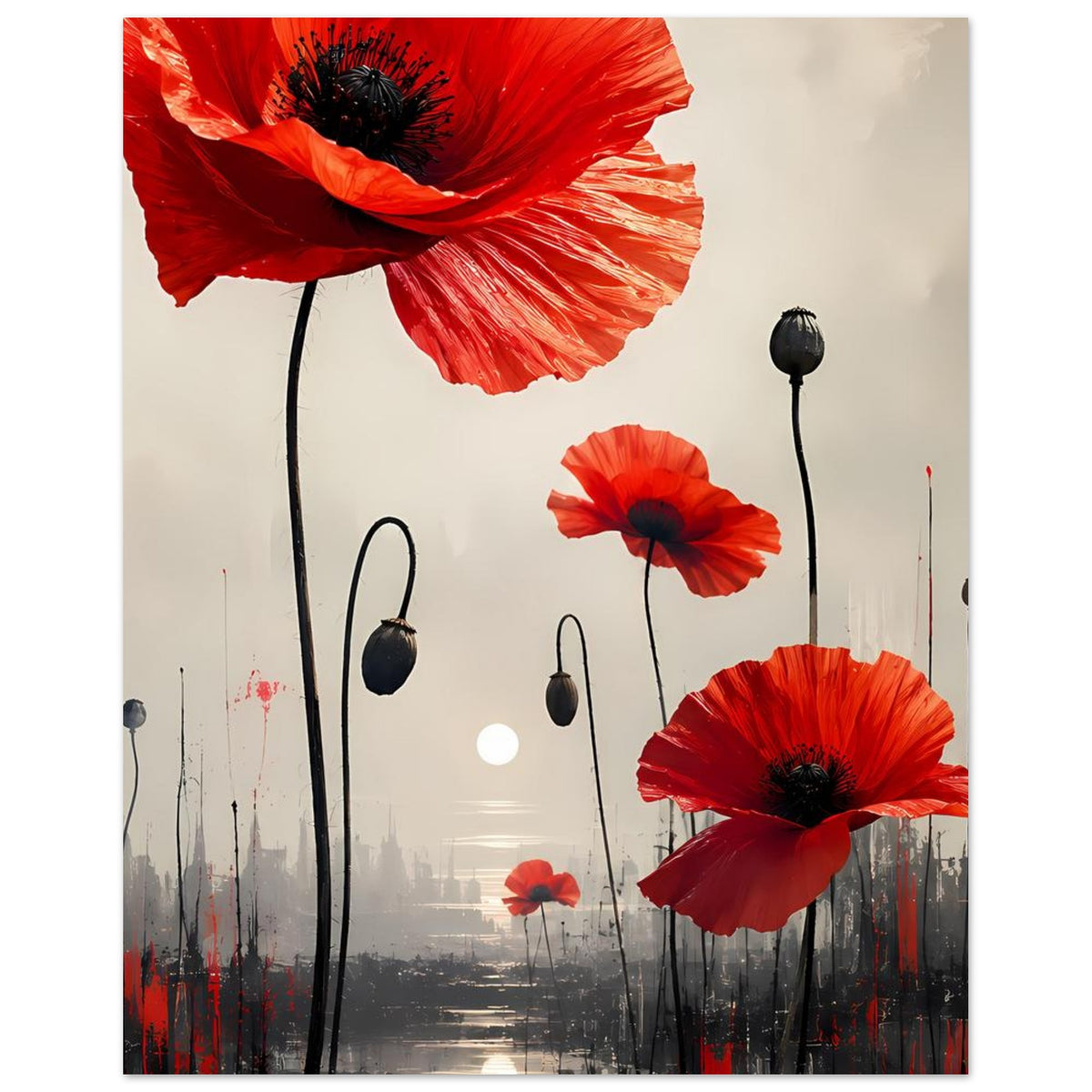 Abstraktes Blumenposter mit roten Mohnblumen, großen Blüten und dunklen Stielen