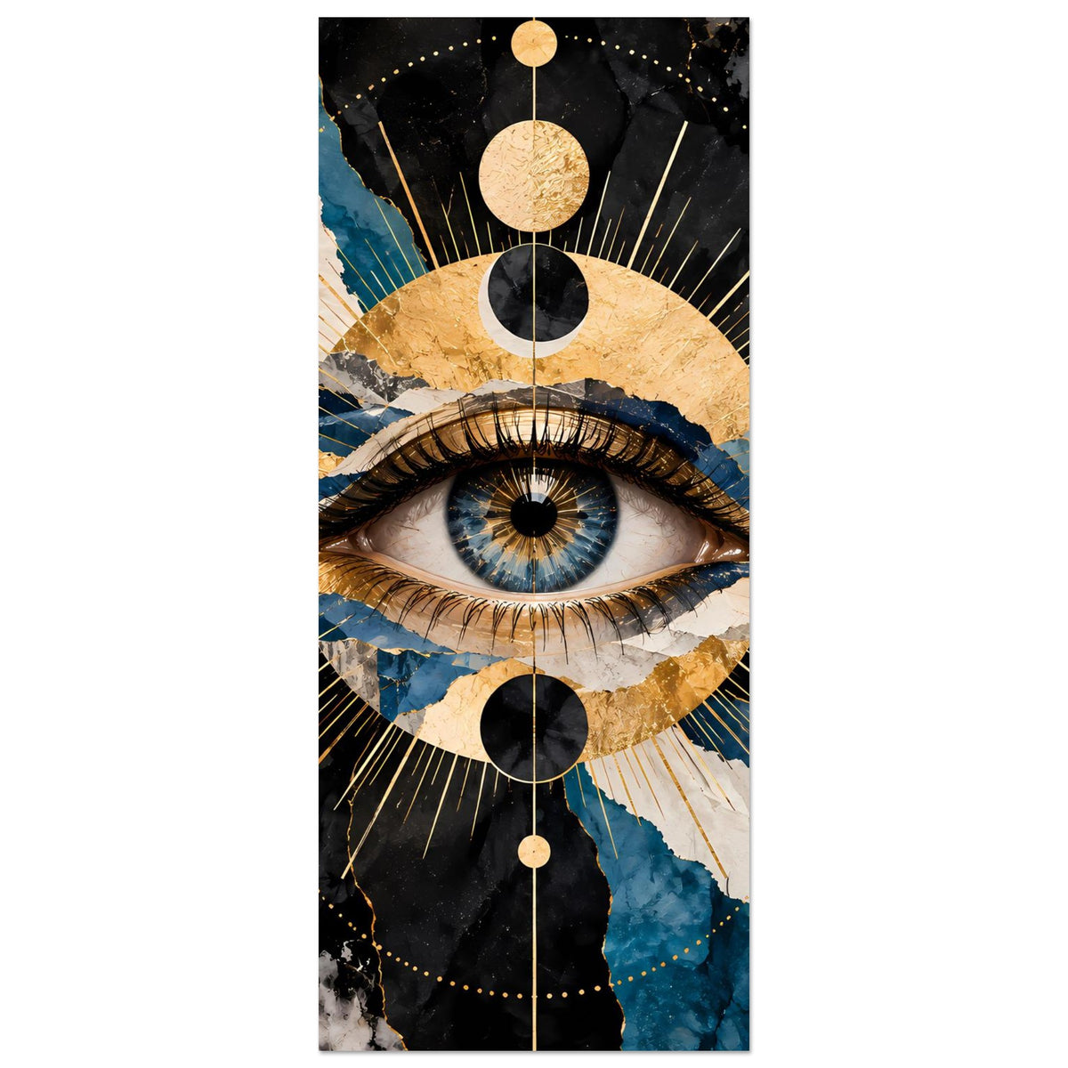 Vertikales Kunstposter mit mystischem Auge, goldene Scheiben und Strahlen im Muster
