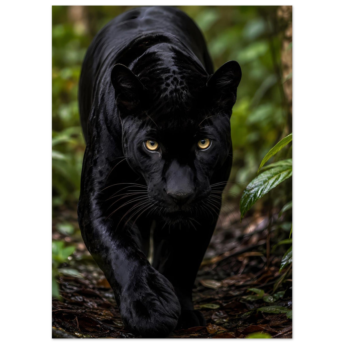 Poster mit schwarzem Panther, gelbe Augen, Vorderkörper und Pfoten sichtbar