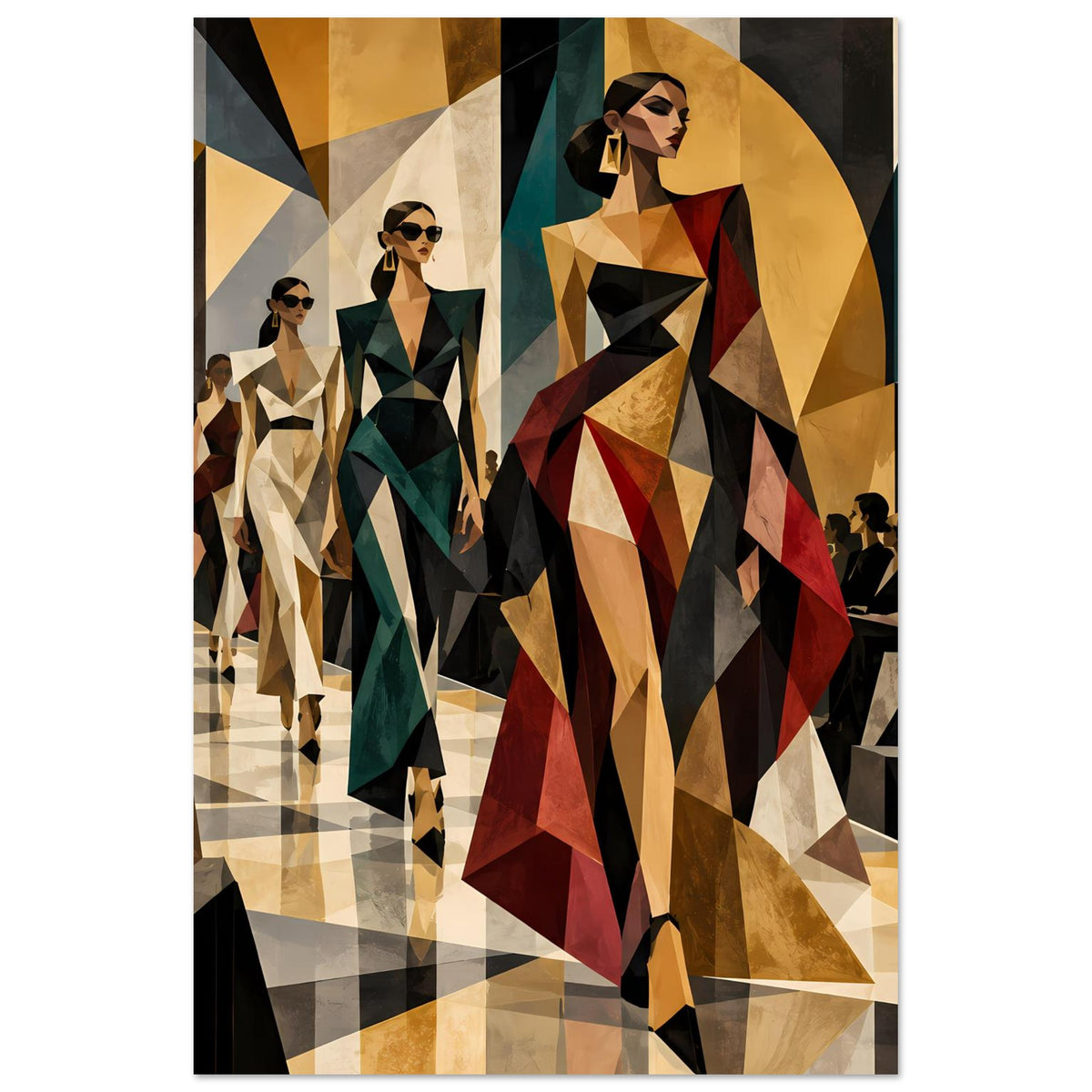 Modeposter mit geometrischer Laufstegszene: Frauenfiguren in Gold-, Grün- und Rottönen
