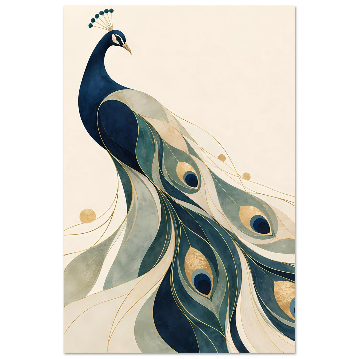Poster mit Pfau in Blau, Grün und Gold, Federaugen, Vogel mittig