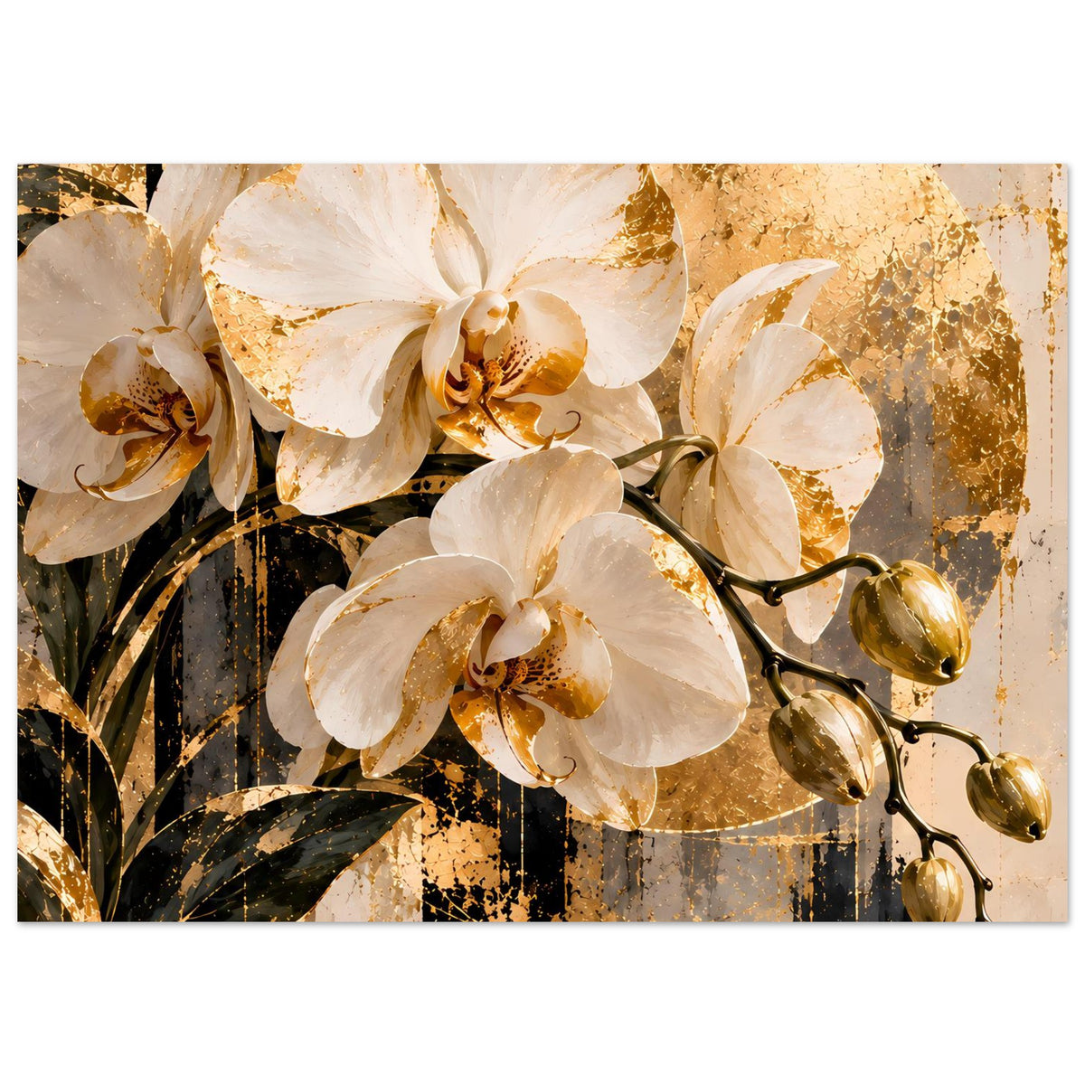Orchideen-Wandbild mit goldenen Sprenkeln, weiße Blüten, horizontal