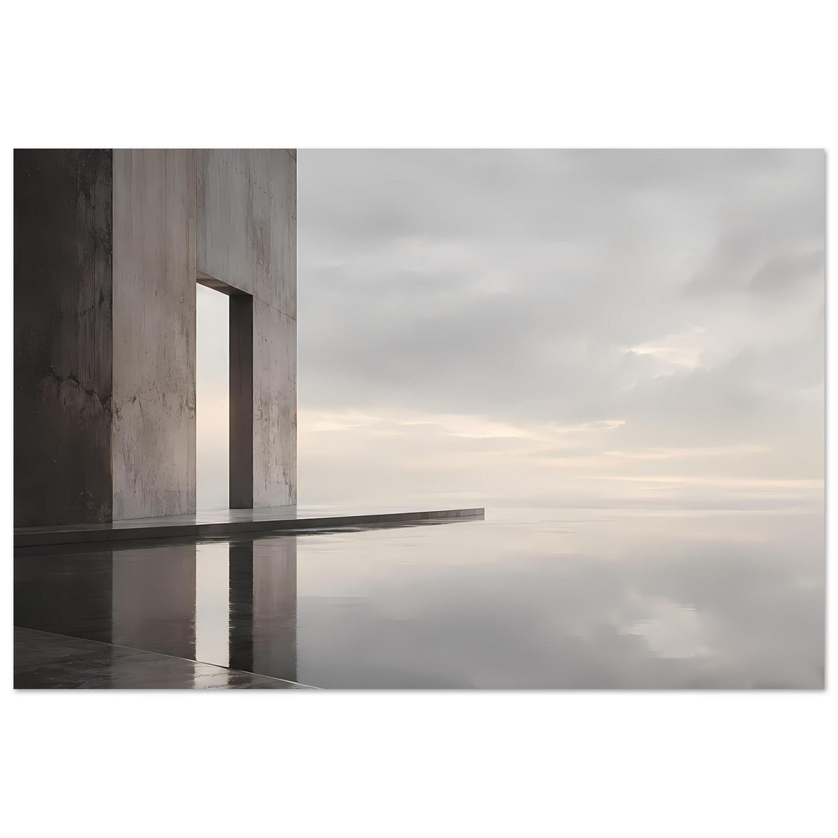 Architektur-Poster: Betonsäule links, schmale horizontale Linie und Spiegelung auf Boden