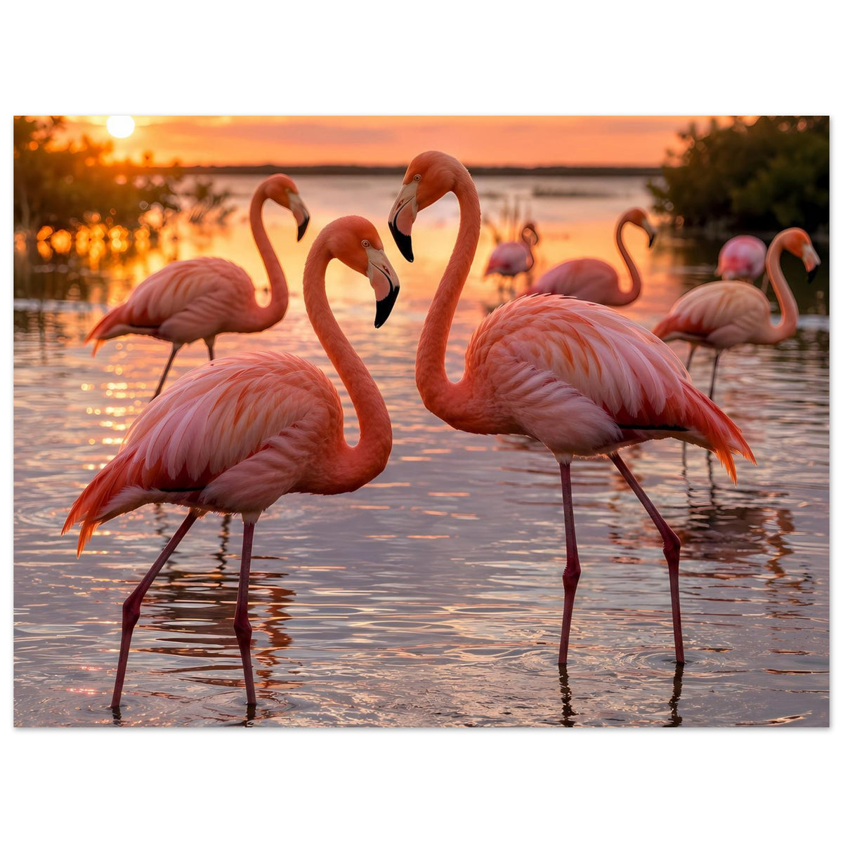Poster mit Flamingos am See bei Sonnenuntergang, vertikal