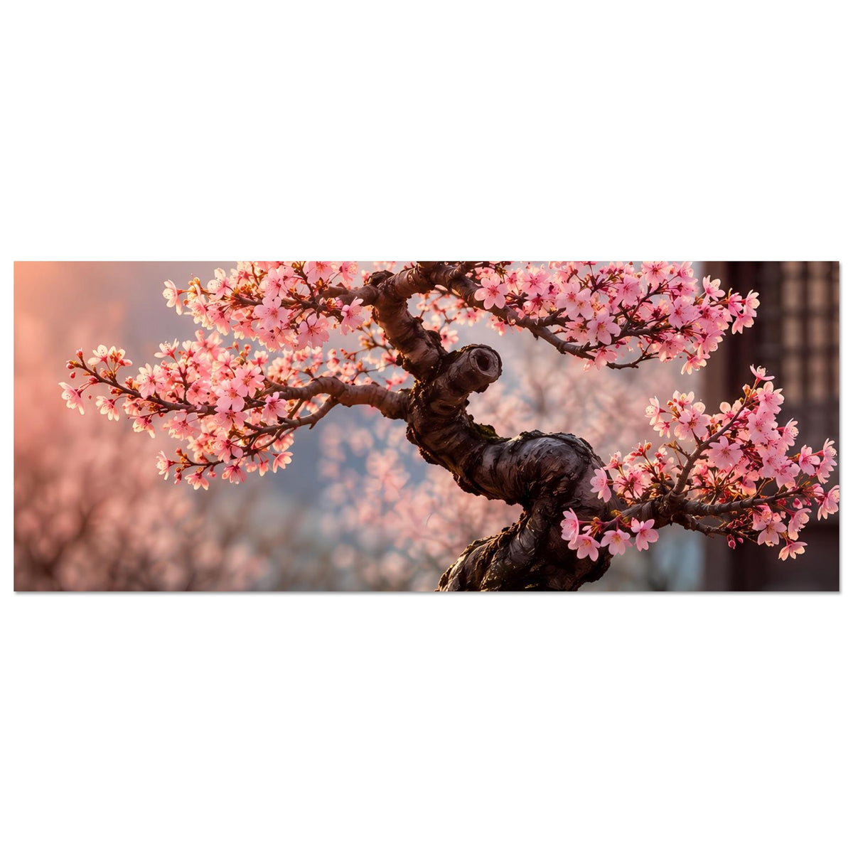 Bonsai-Kunstdruck: breites Motiv mit rosa Blütenbaum und Teil der Schale, horizontal