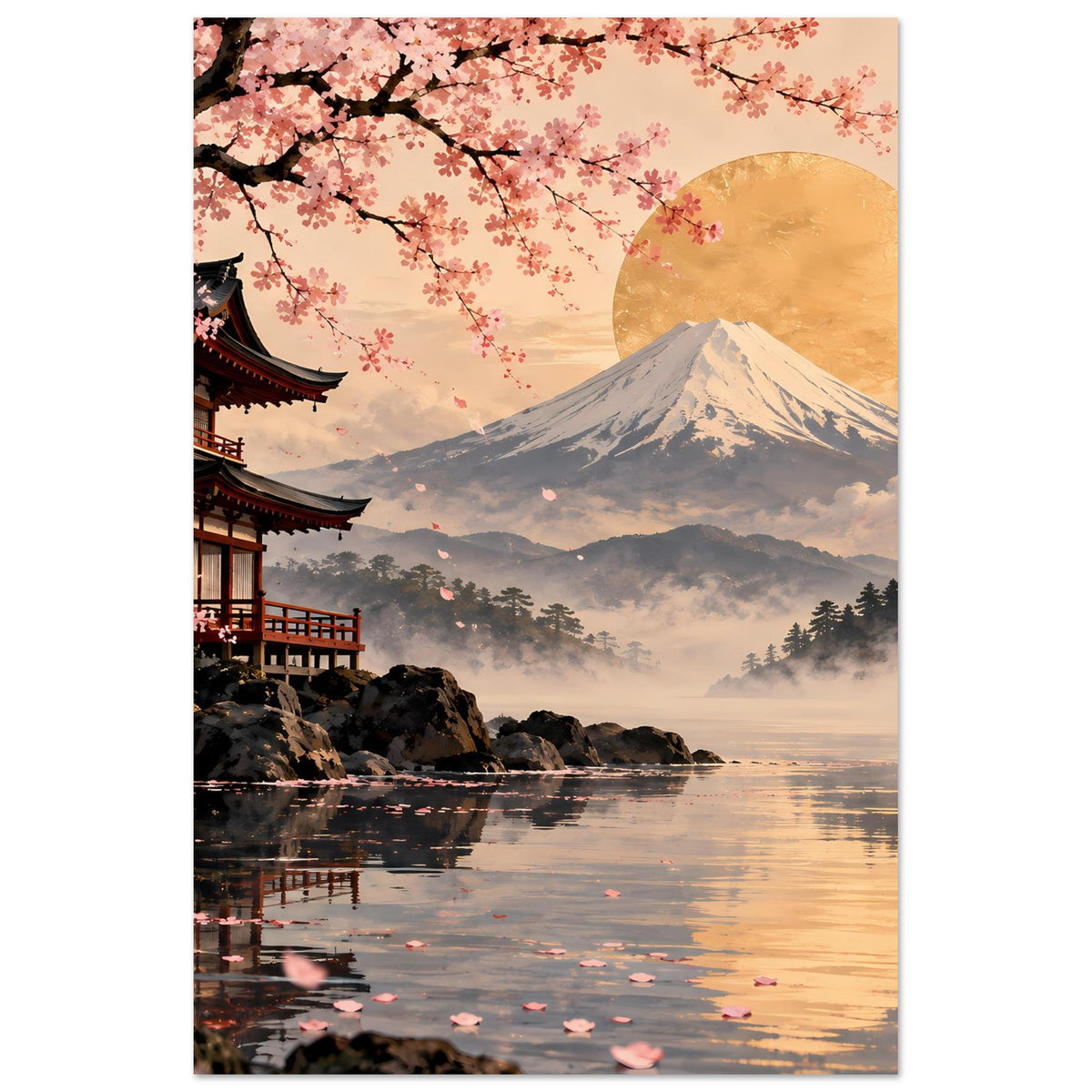 Hochformat-Poster: Kirschblütenzweige, Tempelgebäude, Fuji-Berg und See mit Spiegelung