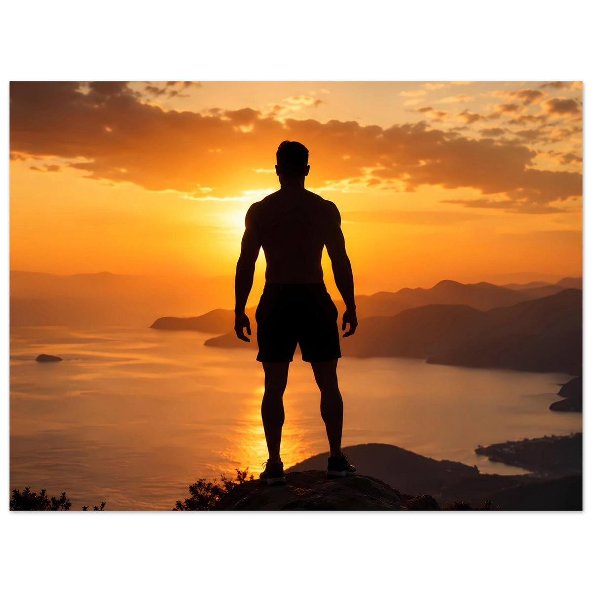 Sonnenuntergangs-Poster im Querformat mit Silhouette eines Mannes auf Klippe