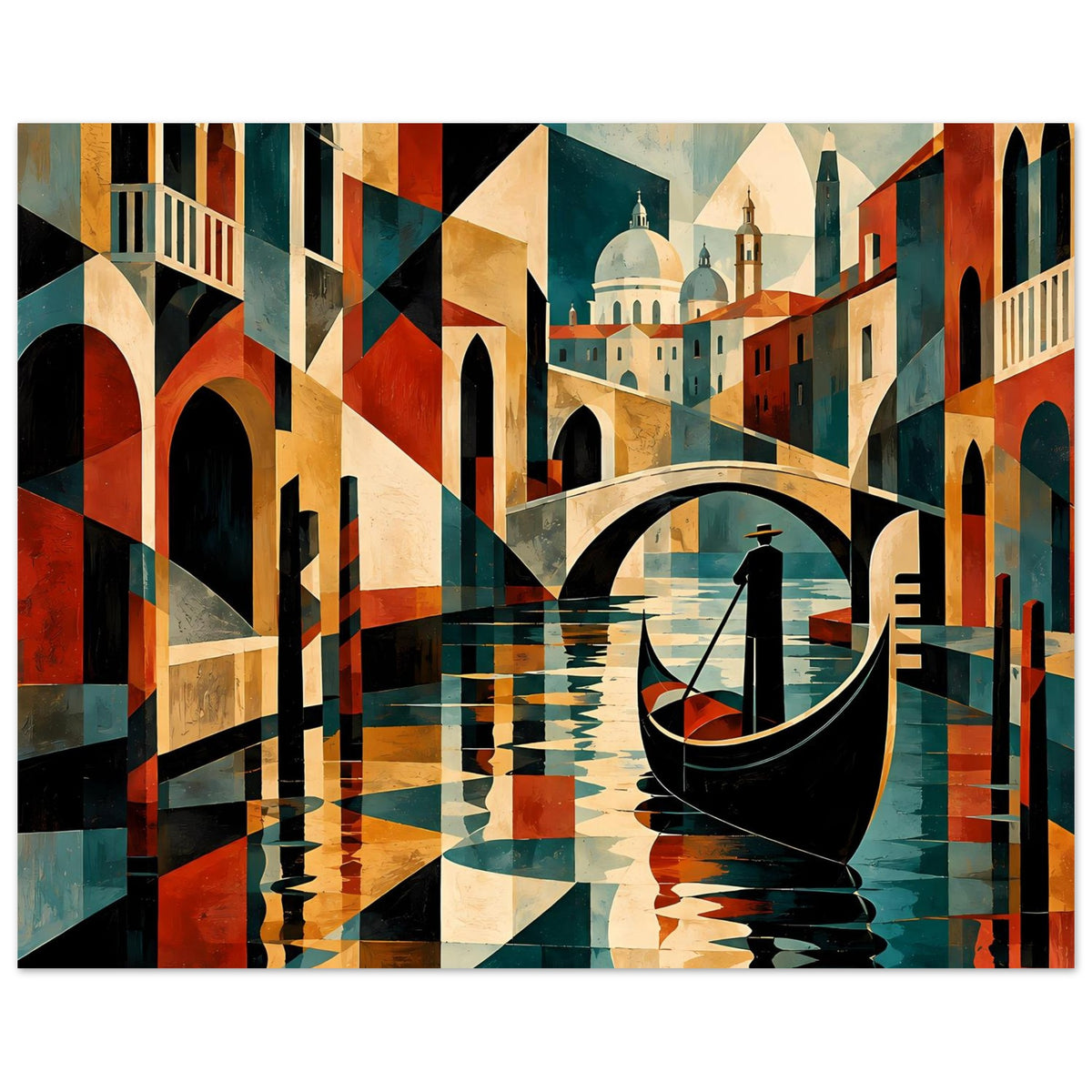 Querformatiges Kunstposter mit abstrakter Venezianer Szene, Gondel, Gebäudefronten und Erdtönen