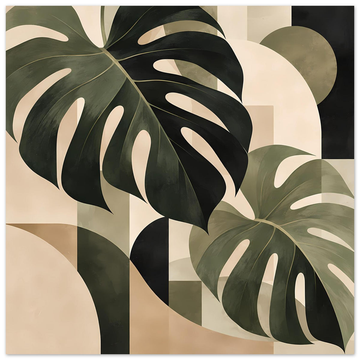 Hochformat-Poster mit großen Monstera-Blättern, salbeigrün und dunkelgrün auf Beige