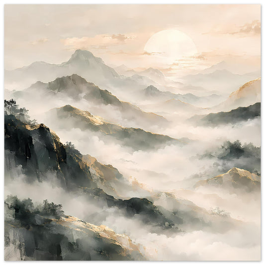 Bergpanorama-Poster im Hochformat: neblige Berge, warme Sonne, sanfte Naturtöne.