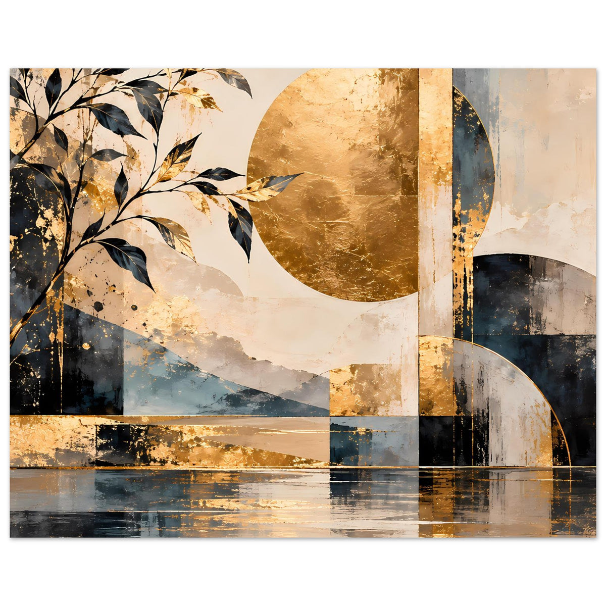 Kunstposter mit abstrakter Komposition: goldene Halbkreise, blaue Flächen, Blattzweige