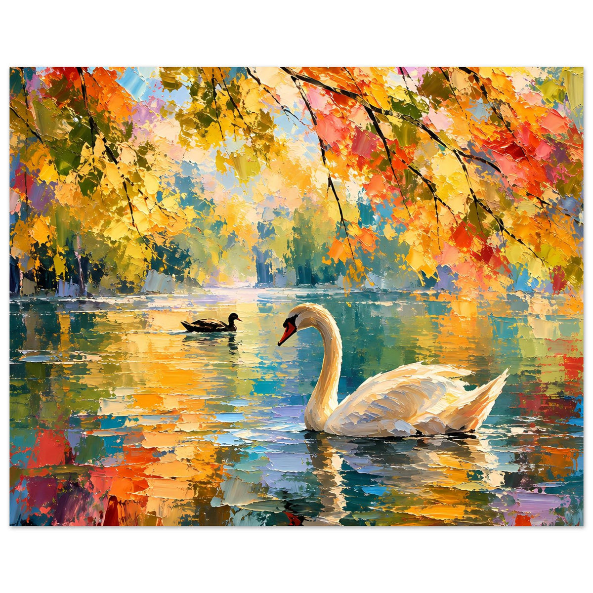 Poster mit weißem Schwan im Wasser, Enten im Hintergrund, buntes Herbstlaub, Querformat