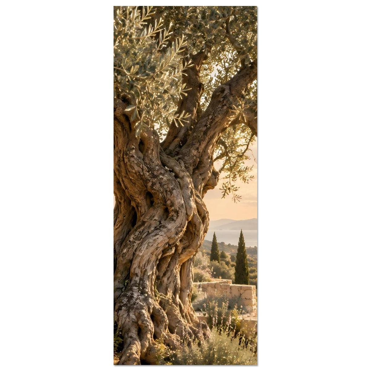 Vertikales Olivenbaum-Poster mit knorrigem Stamm, Olivenzweigen und Blick ins Tal