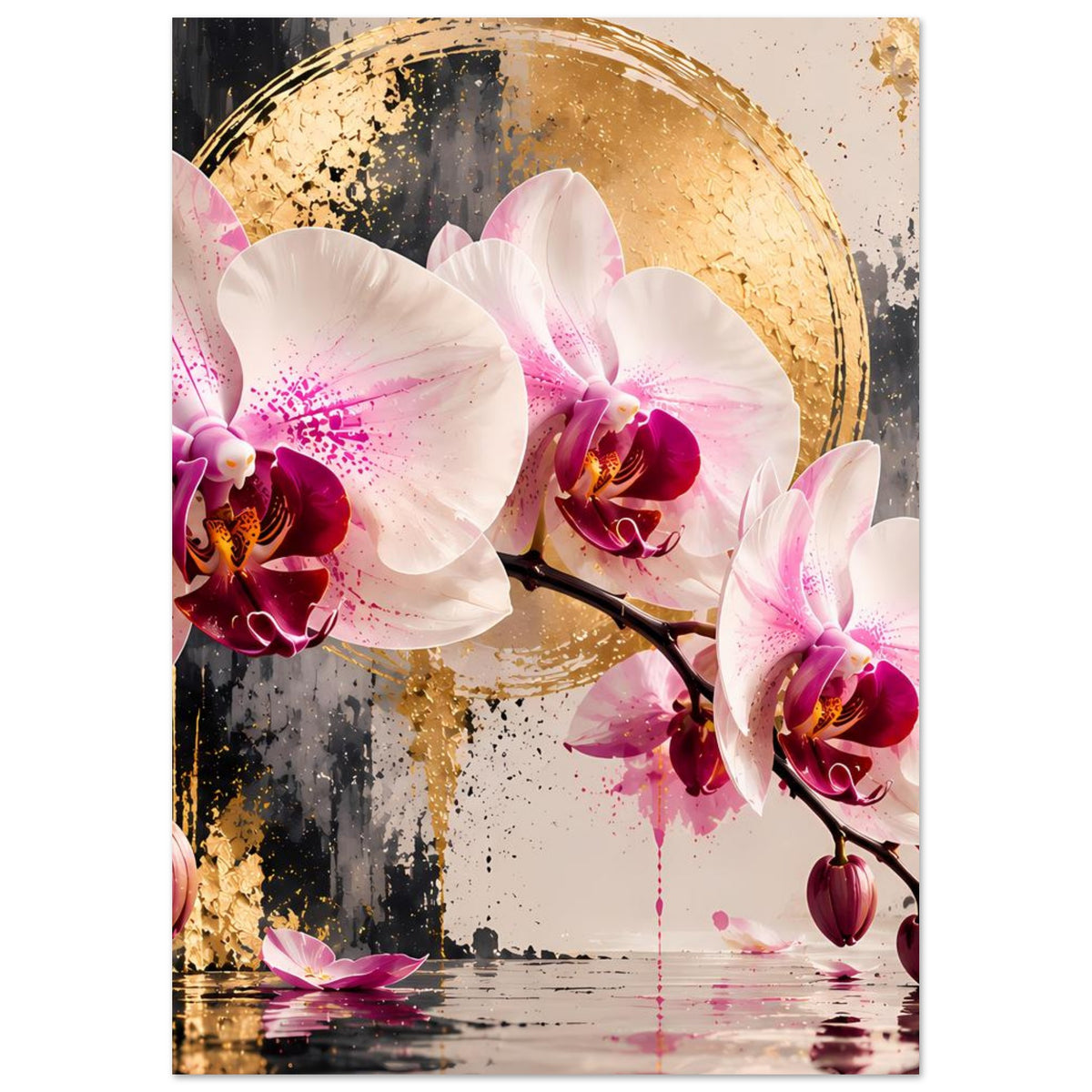 Orchideen-Poster: weiße Blüten mit rosa Sprenkeln und magentafarbenen Kelchen im Motiv